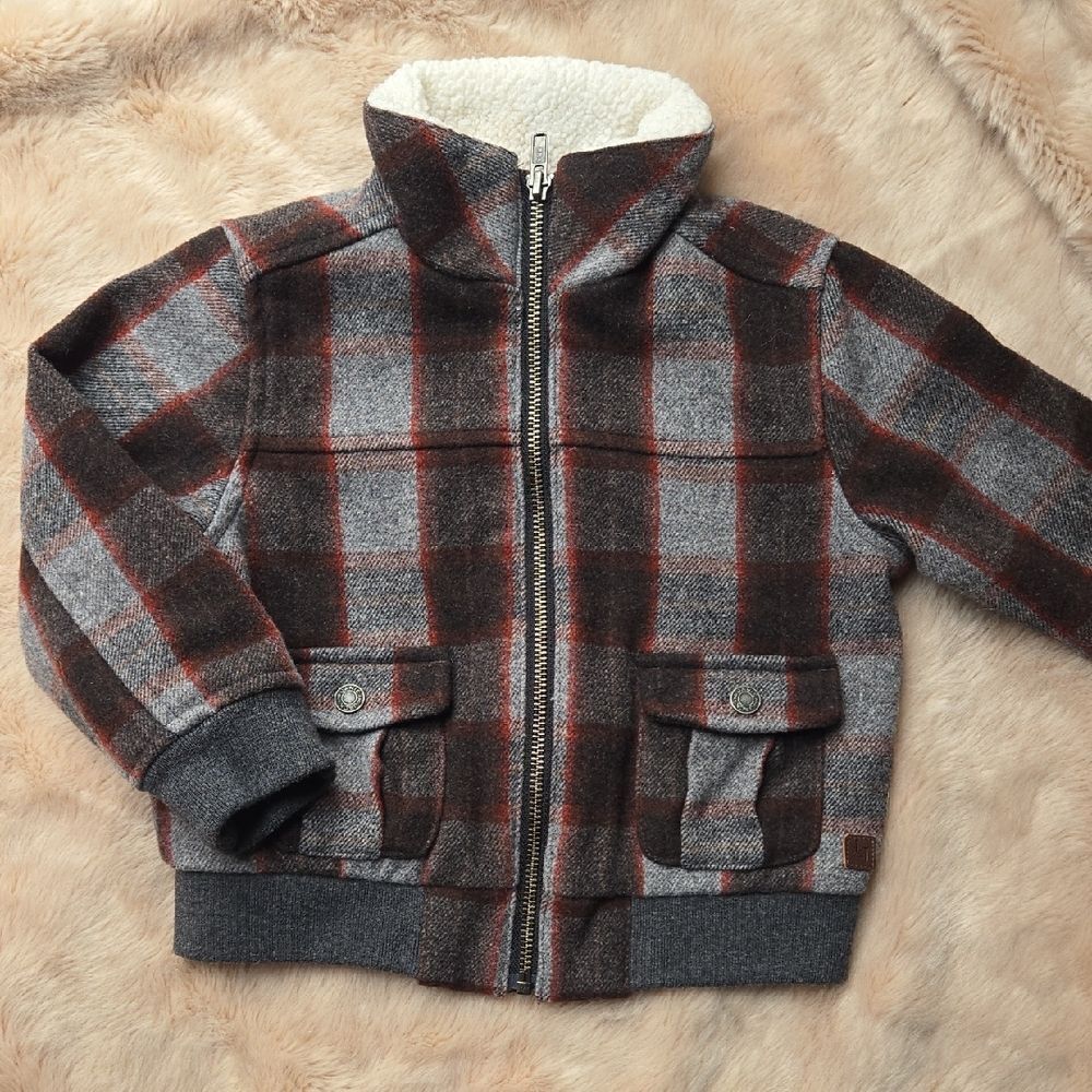 JANIE AND JACK GRAY PLAID WOOL BLEND VARSITY BOMBER JACKET, SIZE 2T